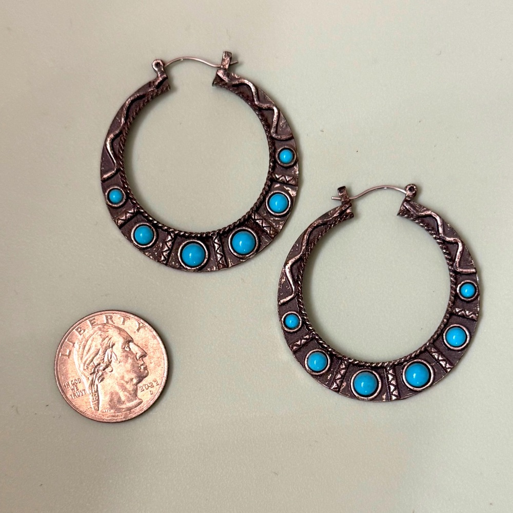 Boho Silver and Turquoise Hoop Earrings